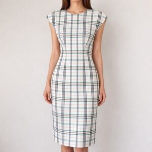 BOSS by Hugo Boss Daela Dress Size 2 Dolman Cap Sleeve Plaid Midi Career Sheath